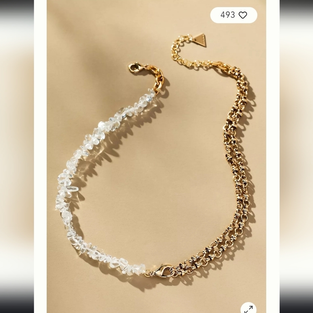 Anthropologie, Half Rock Crystal Chain Necklace, Gold, MSRP $54